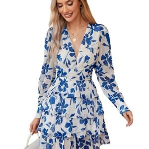 Leriya Fashion Women’s V-Neck Floral Print Ruffle Long Sleeve A-Line Mini Dress | Elegant Casual Party Outfit | Lightweight Layered Summer Wear